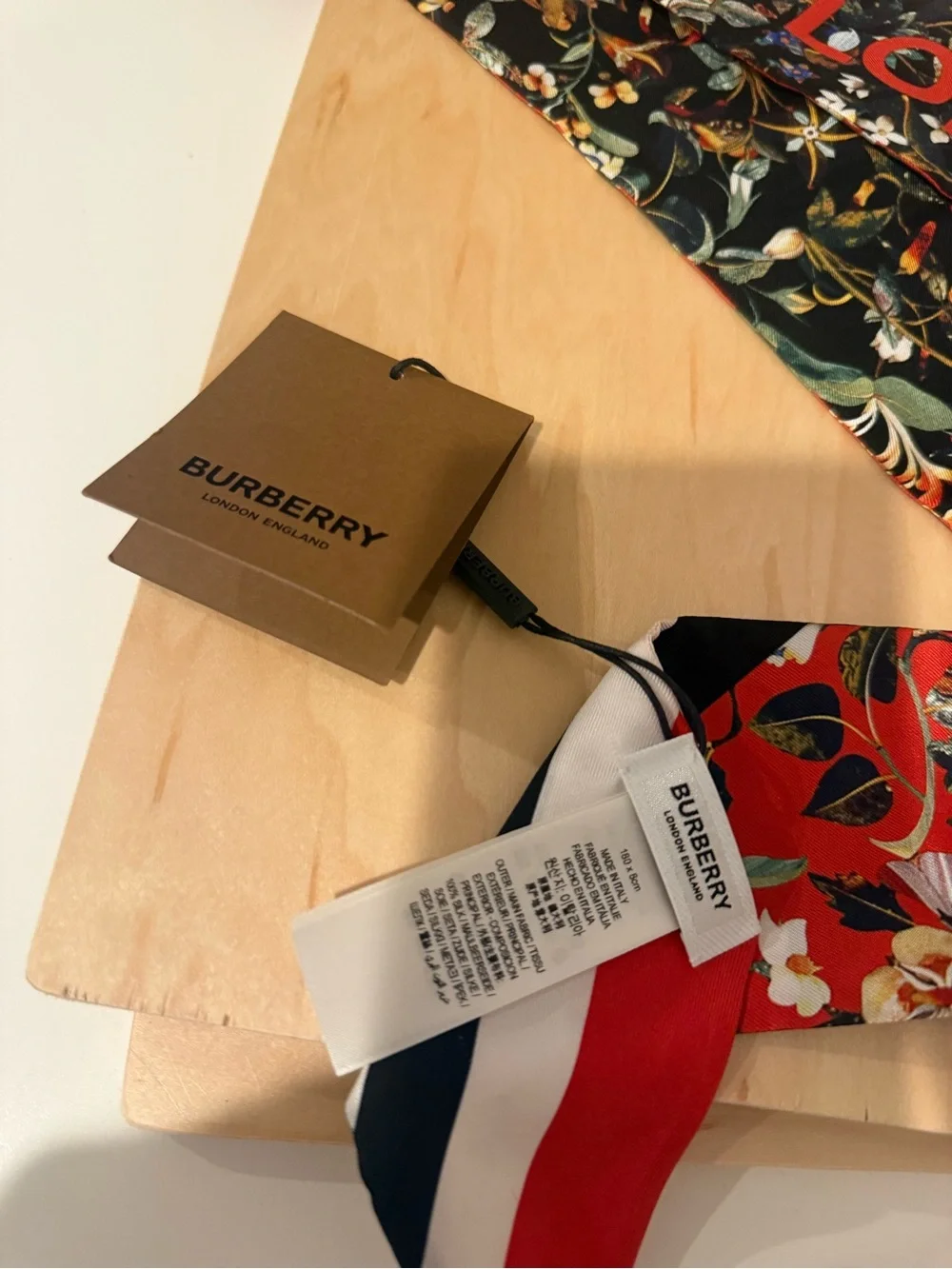 Burberry Red & Black Floral Silk Twilly